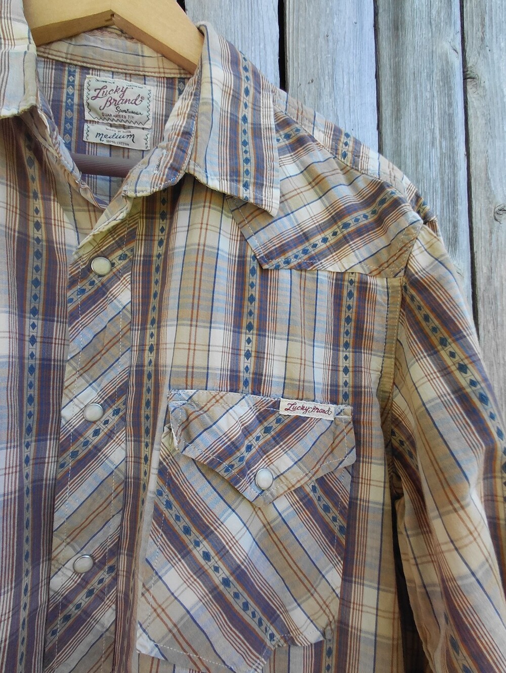 Lucky Brand western style pearl snap brown & navy blue plaid shirt Womens M - Picture 9 of 12